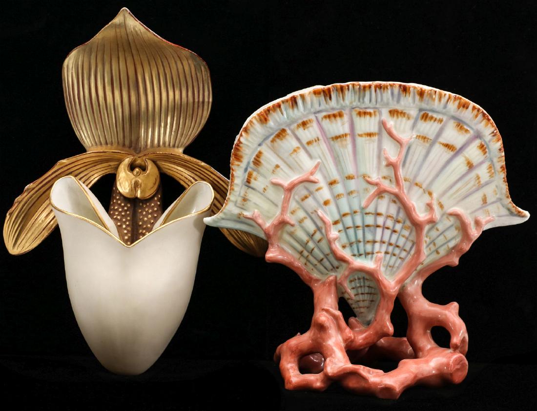 TWO INTERESTING ROYAL WORCESTER PORCELAIN OBJECTS: An orchid form wall hanging font, cream colored porcelain with details in relief and gilded detail. Plus a shell and coral motif flower frog, circa 1882 mark. Measures 6.5 to 8.5 inches. We happily pr
