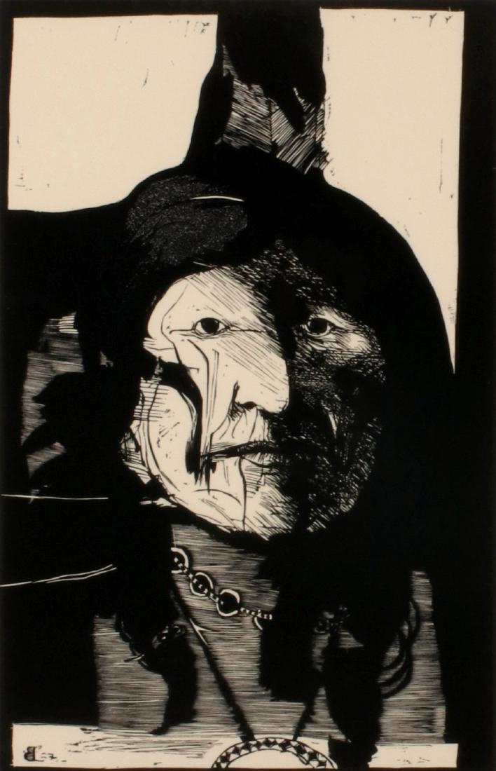 LEONARD BASKIN (1922-2000) PENCIL SIGNED WOODBLOCK: Leonard Baskin (1922-2000) 1978 Edition 39/100 lower left, signed lower right. Image size measures 11.25 x 7.25 with a frame of 23.5 x 15.5 inches. Provenance: The Evonne K. English Conservatorship Ar