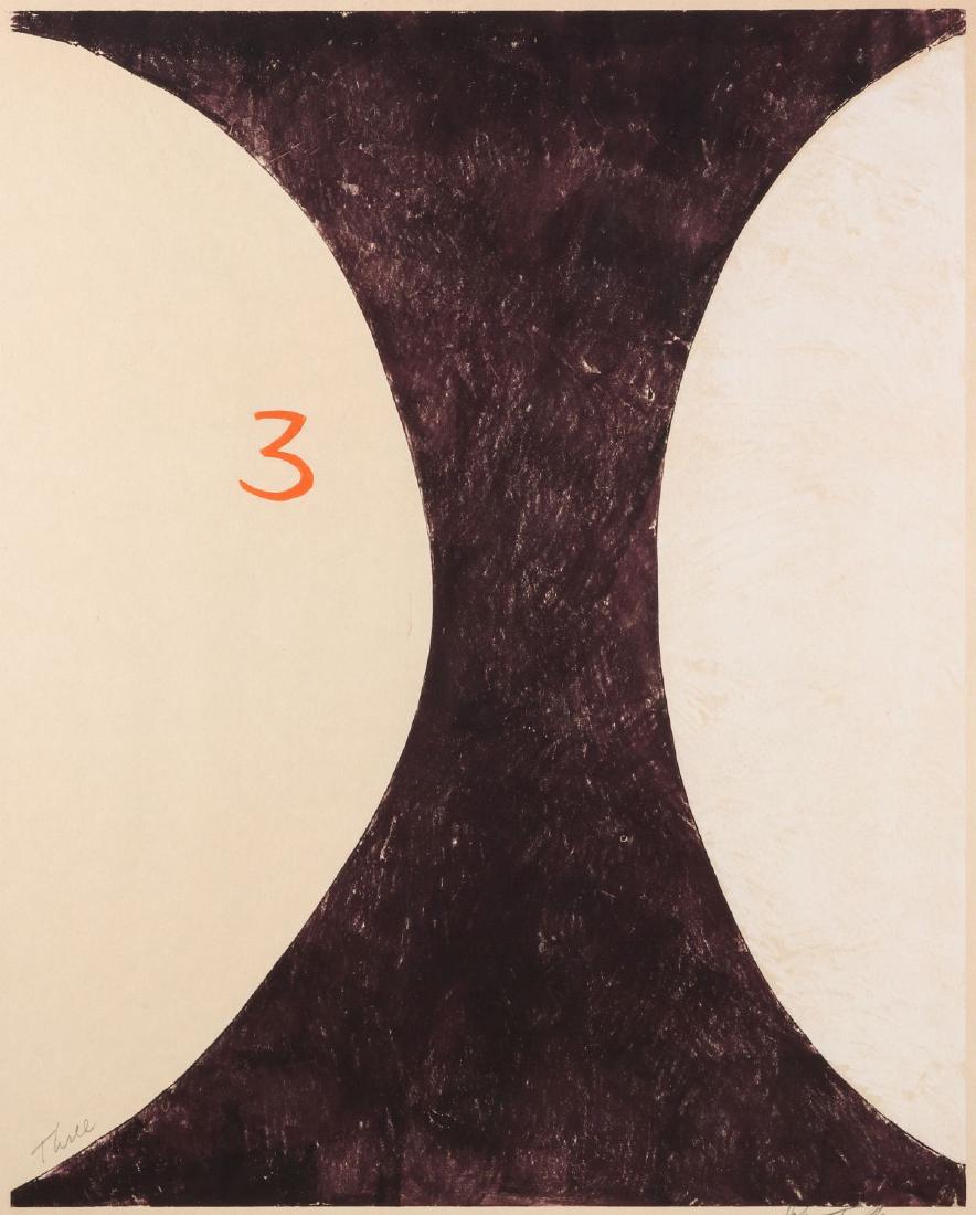 JOHN TALLEUR (1925-2001) PENCIL SIGNED BLOCK PRINT: John Joseph Talleur (1925-2001) Three Circa 1988 Titled 'Three' lower left, signed lower right. Sight size measures 44.75 x 36 with a frame of 46 x 37.25 inches. Provenance: The Evonne K. English Cons