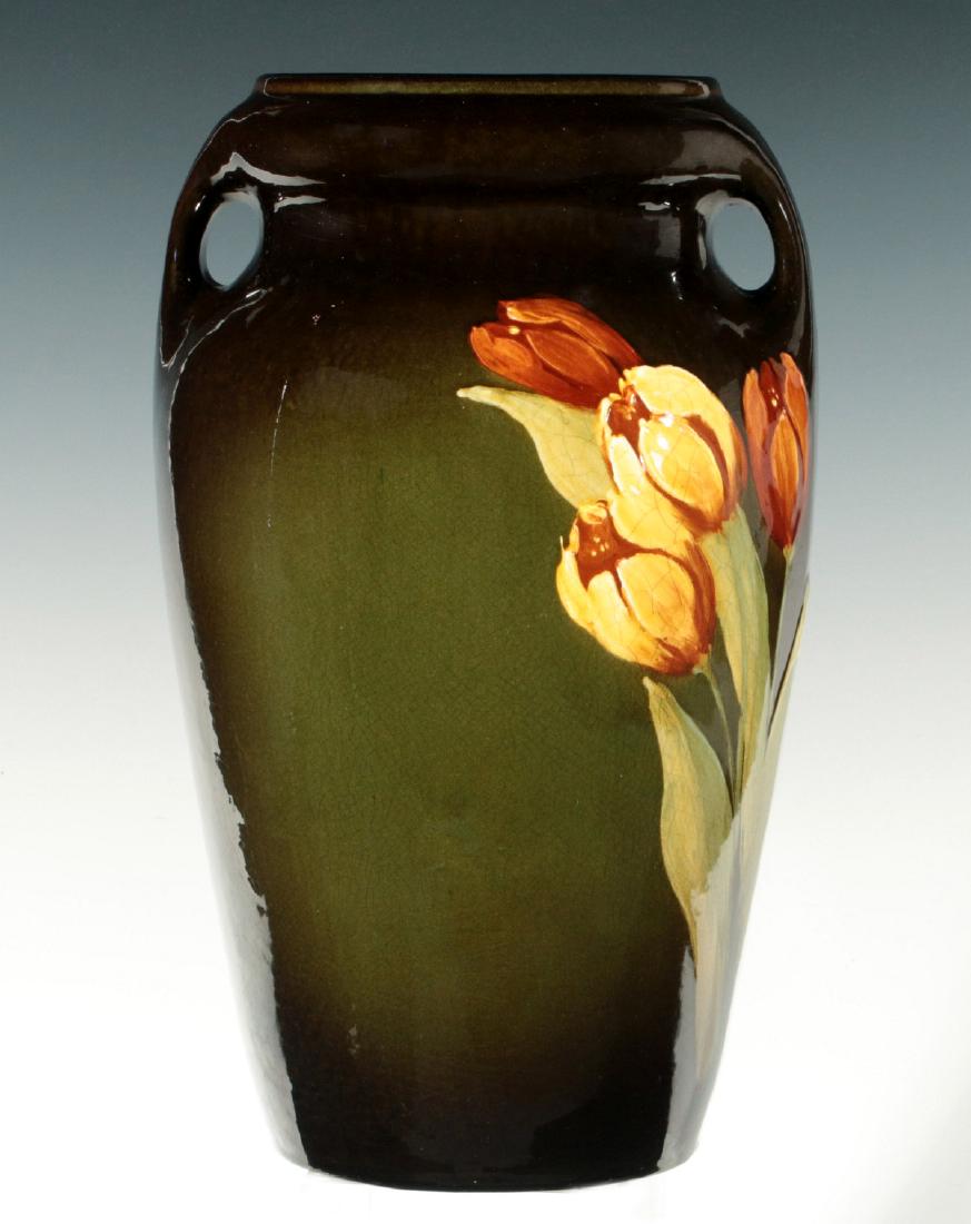 A McCOY LOY-NEL-ART HAND-DECORATED VASE: Hand-decorated with tulips, signed with an impressed Loy-Nel-Art McCoy mark. on the base. Measures 13 x 6.5 inches. We happily provide seamless in-house packing and shipping services on nearly everyth