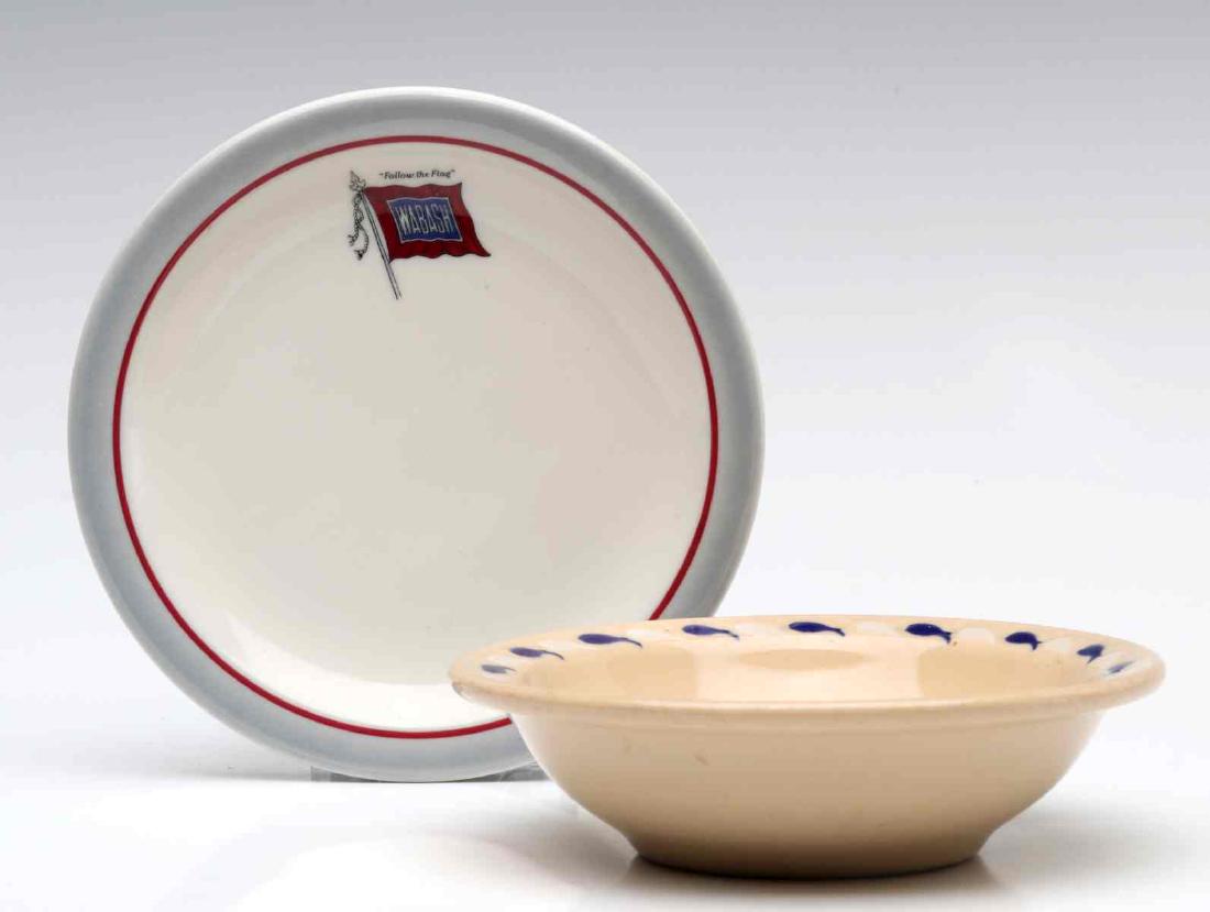 WABASH RAILROAD BANNER AND MONROE PATTERN CHINA: Follow the Flag' Banner pattern bread plate, and a Monroe pattern finger bowl, both backstamped Syracuse. Bread plate measures 5.5 inches in diameter. We happily provide seamless in-house packing and