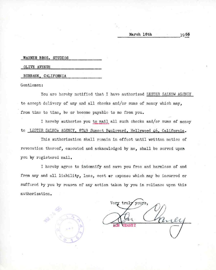 A 1955 LON CHANEY JR. (1906-1973) SIGNED DOCUMENT (1 of 2)