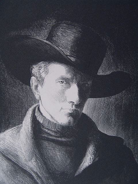 SIGNED LITHOGRAPH BY PETER HURD (1904 -- 1984): A rare low edition print titled "Self-portrait", an edition of only 25 prints. This print is signed in pencil lower right and titled lower left with 15/25. Measures 14 3/8 by 12 5/8" inches, very good