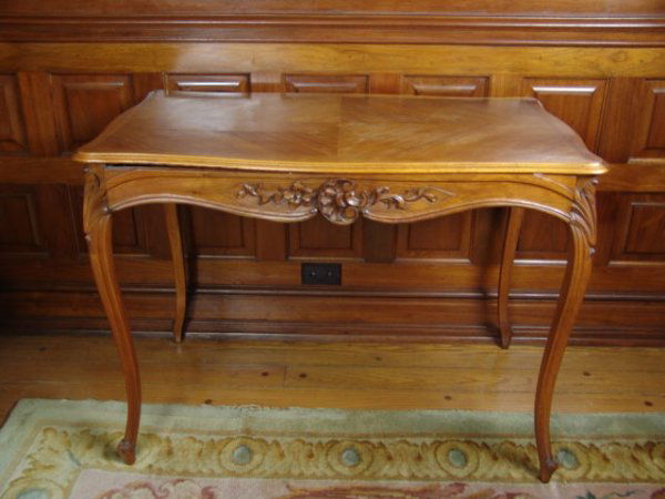 SIDE TABLE WITH DRAWER AND PARQUET TOP: Late 19th century French style side table with concealed drawer and large pattern parquet top. 30 x 32 inches SEE AND HEAR THE AUCTION ACTION ON December 8 and 9 while the live auction takes place in