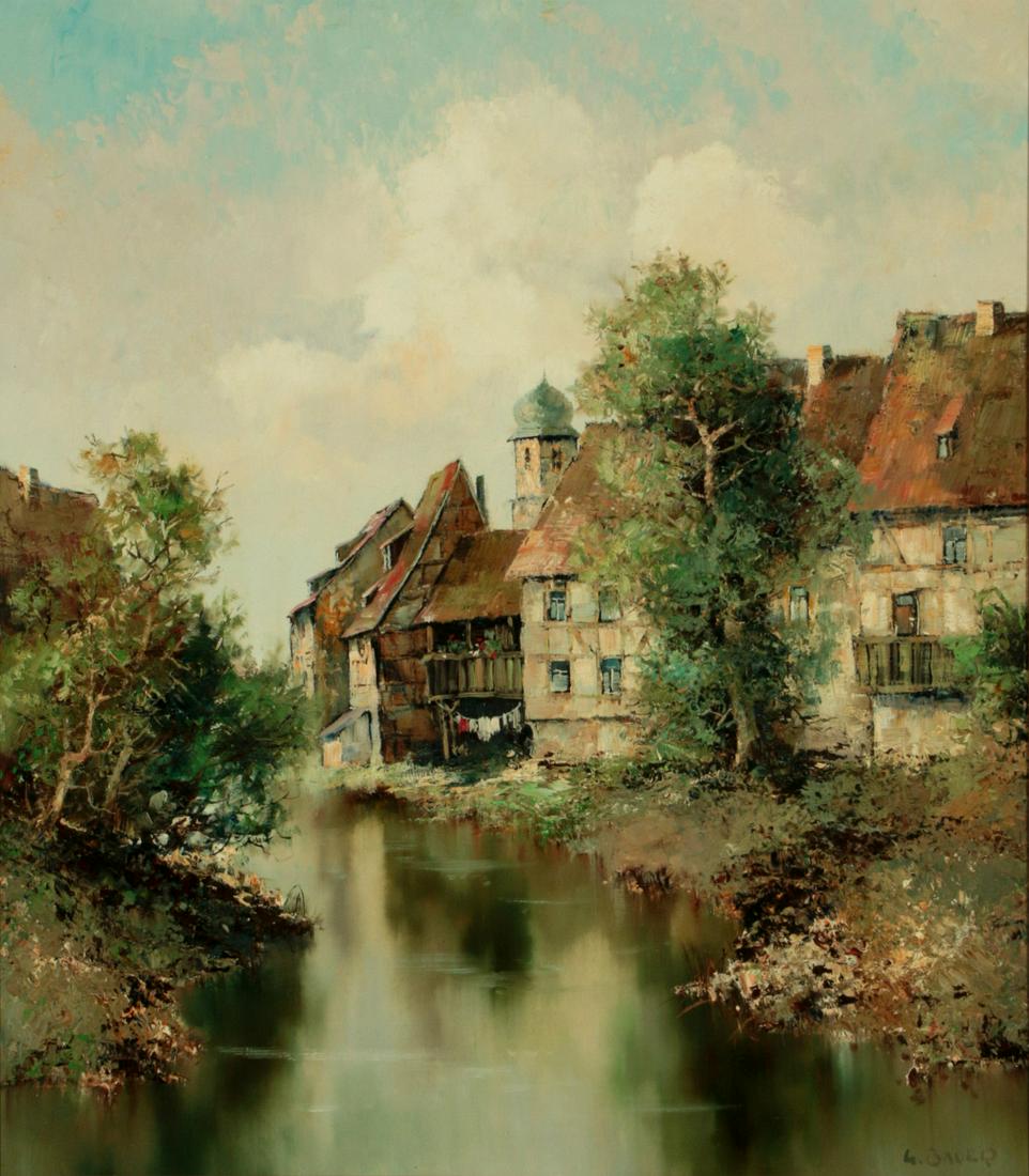 WILLI BAUER (BORN 1923) OIL ON CANVAS: Willi Bauer (Born 1923) Late 20th Century. An unusual example with European structures, signed lower right. Canvas measures 31.75 x 27.5 with a frame of 38 x 34 inches. We happily provide seamless in-