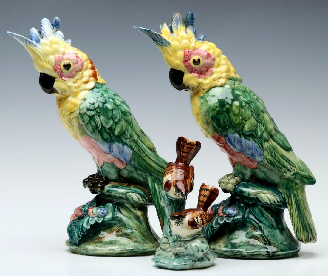 THREE STANGL POTTERY BIRD FIGURES: Two large Stangl Pottery cockatoo figures numbered 3584 and a Double Wren figure numbered 3401D, signed on the bases. Items range from 6.5 to 12.25 inches. We happily provide seamless in-house packing