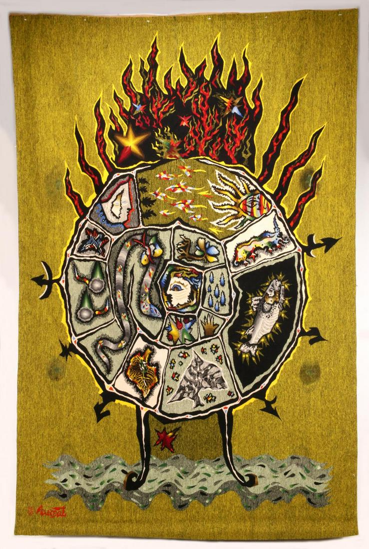 JEAN LURCAT (1892-1966) HAND MADE TAPESTRY |: Jean Lurcat, France Helios Third quarter of the 20th century. The Aubusson technique tapestry employing numerous bold colors in a flaming zodiac motif personified as the sun, signed lower left front, 