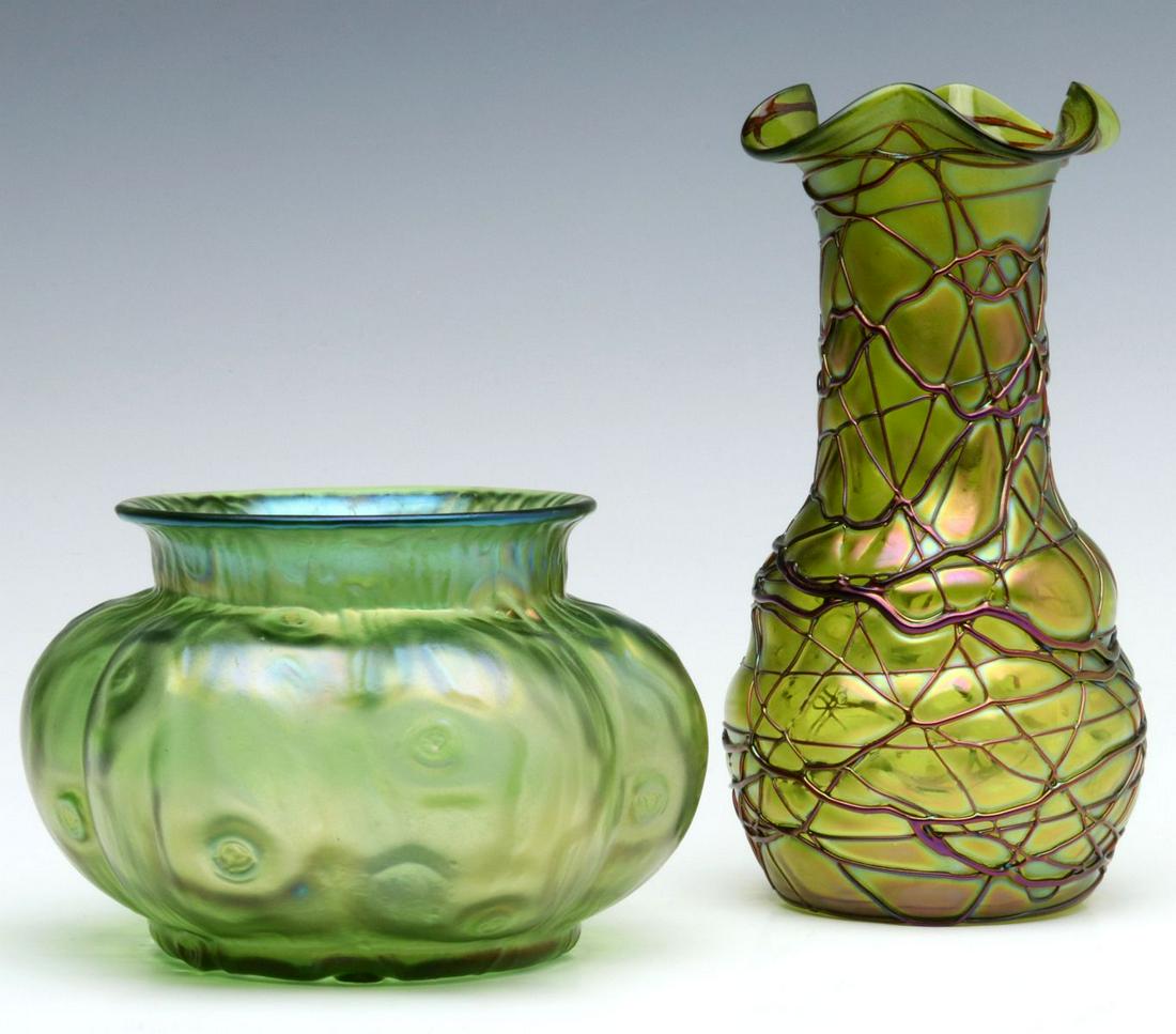 A LOETZ RUSTICANA BOWL VASE AND AUSTRIAN THREADED VASE: Each with polished pontil, neither is signed, the threaded example with pontil is attributed as Pallme Konig. Items measure 4.75 x 6.5 and 8.5 x 4.25 inches. We happily provide seamless in-house packi