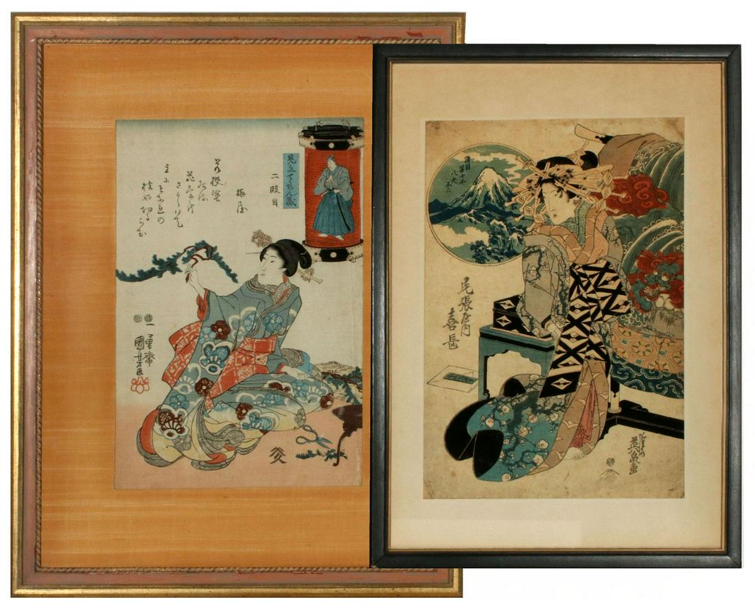 UTAGAWA KUNIYOSHI AND: Utagawa Kuniyoshi and Suzuki Harunobu color woodblock prints form the mid 19th century. Sight sizes range from 14 x 9.25 to 14.5 x 9.75, frames range from 20 x 14 to 22.5 x 17.5 inches. We happily pro