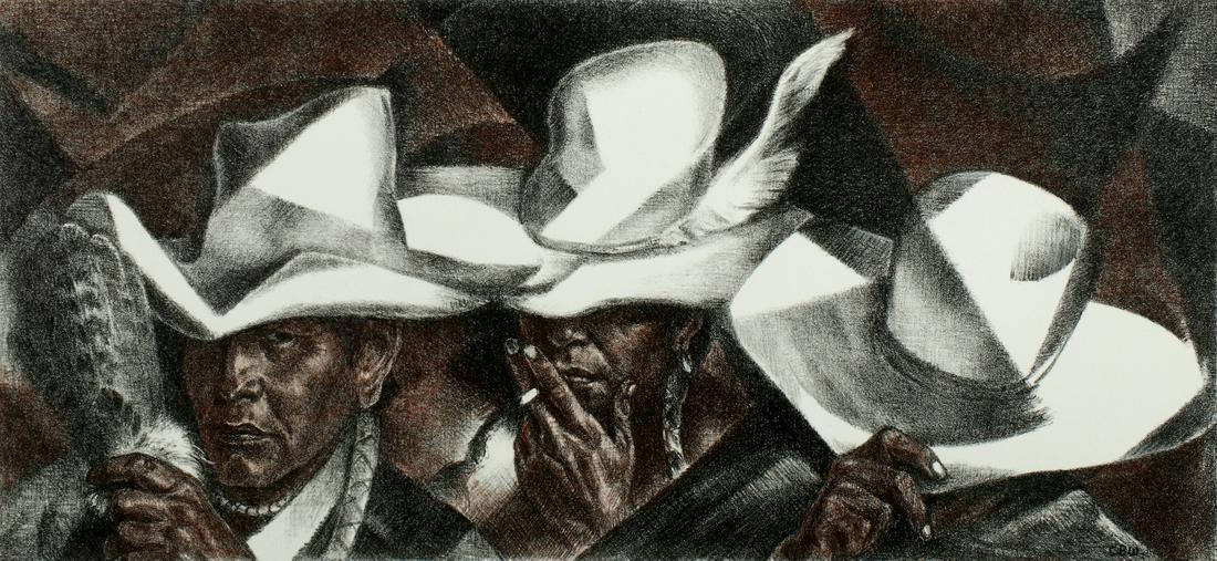 CHARLES BANKS WILSON (1918-2013) PENCIL SIGNED LITHO: Charles Banks Wilson (1918-2013) White Hats 1978 Titled 'White Hats' lower left, signed lower right and dated 78, edition 200 noted lower left. Image size is 17 x 7.5 inches, Sheet size is 11.5 x 21 i