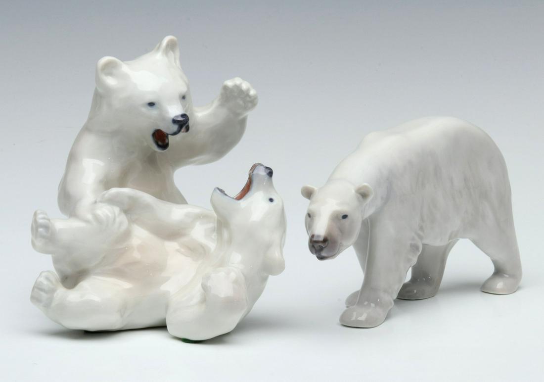 ROYAL COPENHAGEN PORCELAIN POLAR BEAR FIGURES: Polar Bear #320 and Polar Bears Playing #1107, signed on the bases with ink stamps and model numbers. items range from 4 to 6 inches. We happily provide seamless in-house packing and shipping services