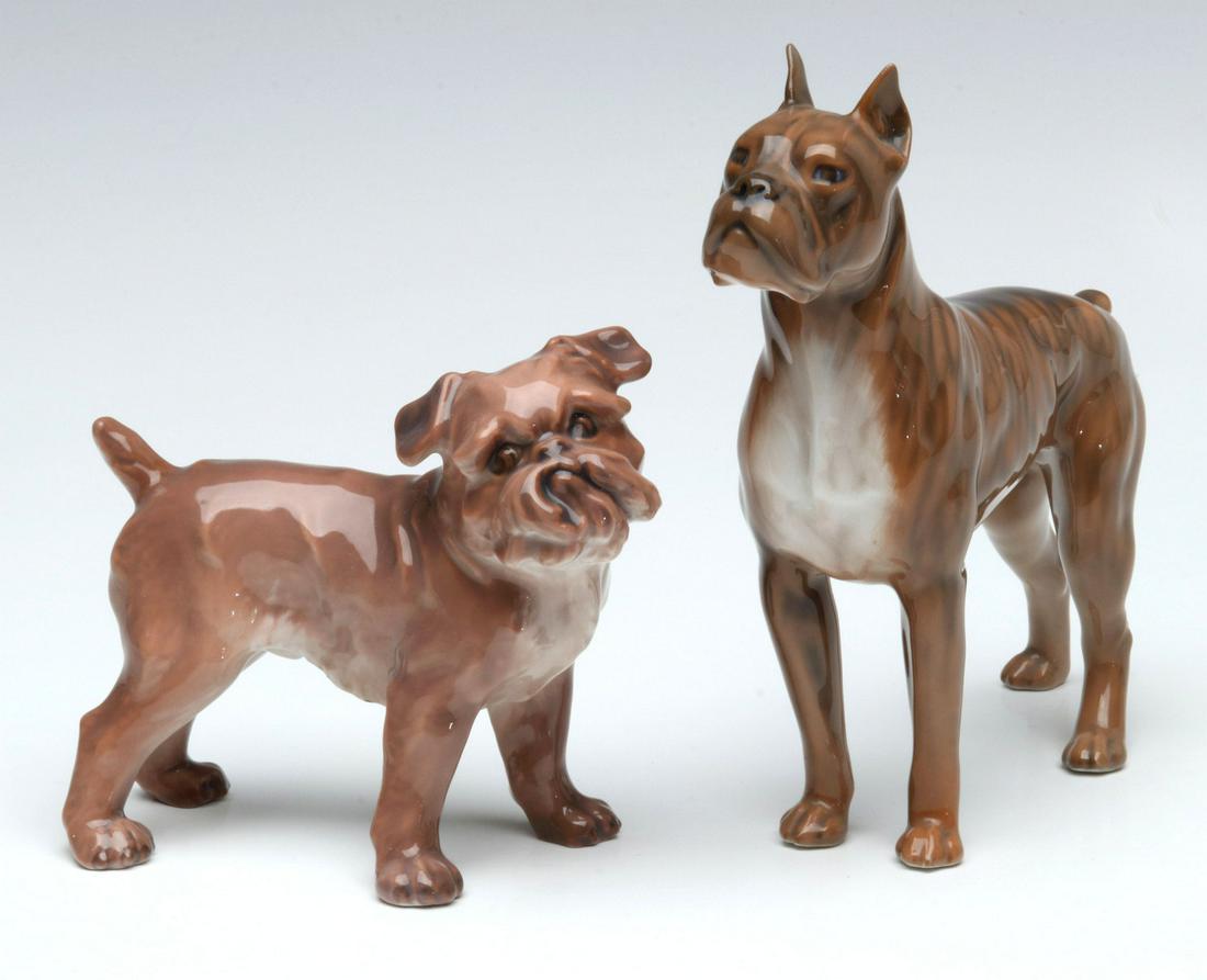 DAHL JENSEN AND ROYAL COPENHAGEN DOG FIGURINES: Dahl Jensen figure of a bulldog signed underside and numbered 1074; Royal Copenhagen boxer signed and numbered 3634. items range from 4 to 6 inches. We happily provide seamless in-house packing and sh
