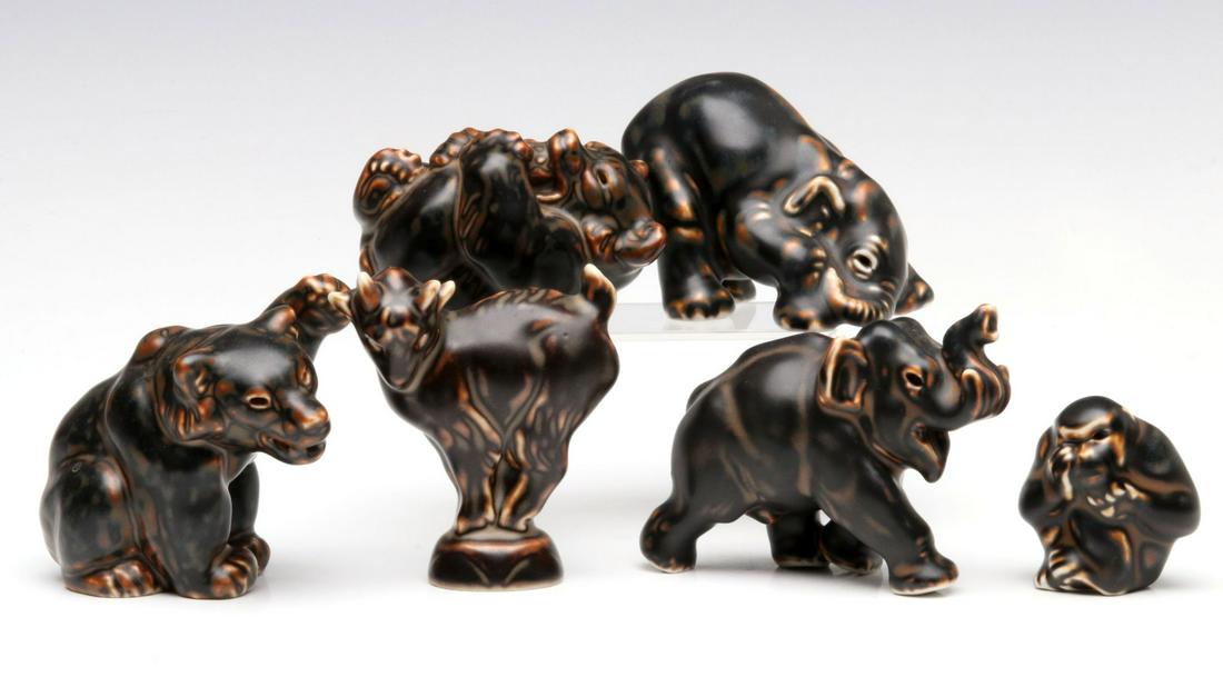 KNUD KYHN FOR ROYAL COPENHAGEN FIGURINE COLLECTION: Knud Kyhn Cabinet pieces including bear 21433, goat 20212, elephant 20220, bear 21434, elephant 22743 and monkey 20210, most are signed with the initials monogram of Knud Kyhn. Items range from 2 to 3