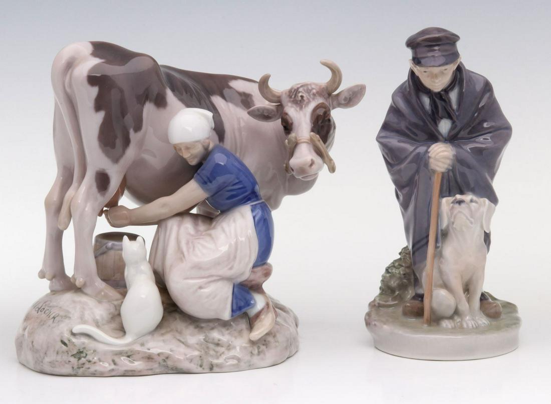 ROYAL COPENHAGEN AND BING & GRONDAHL PORCELAINS: Two Farm Scene porcelain figures: Royal Copenhagen Shepard with Dog #782; and Bing and Grondahl Milkmaid signed Axh Locher #2017. Both signed on the bases with ink stamps and model numbers. Women milk