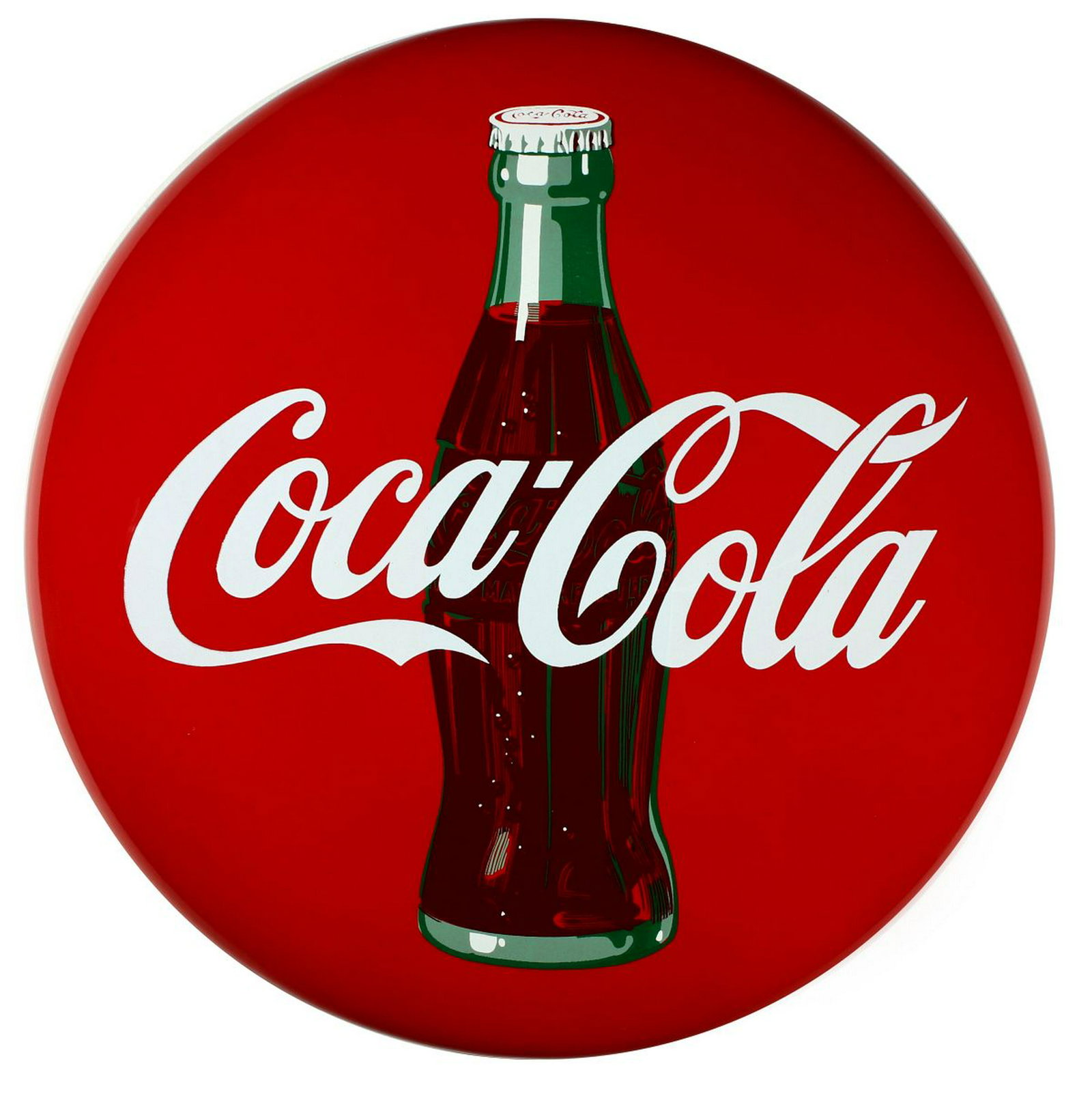 AN EXCEPTIONAL COCA-COLA PORCELAIN BUTTON SIGN: A nice, bright shiny porcelain enamel example with bottle, Petretti number PMS012.001. Measures 25 inches in diameter. Provenance: The 45-year collection of Michael and Donna Hayes, West Plains, Misso