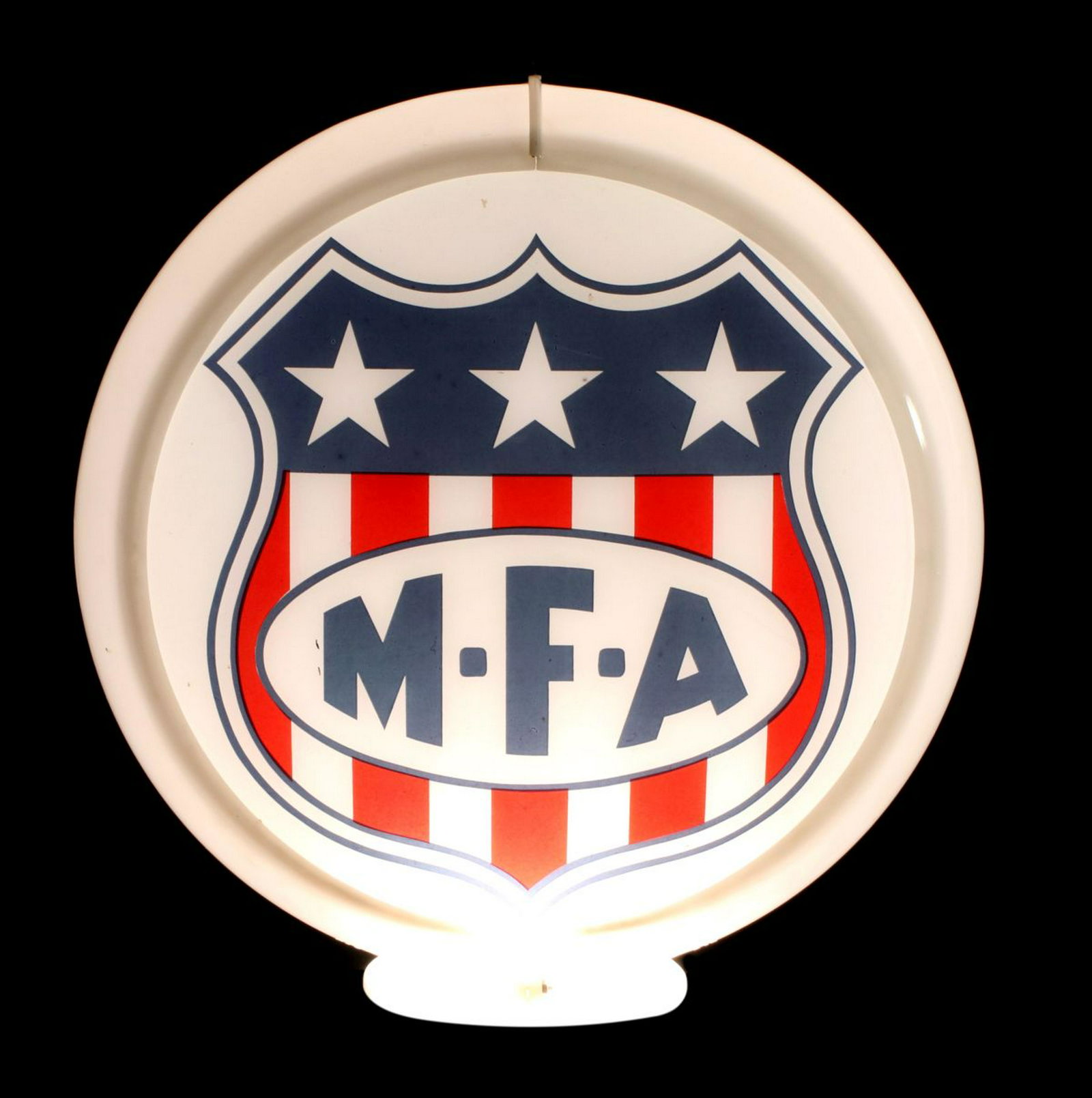 A GOOD MFA GAS GLOBE IN CAPCOLITE FRAME: The MFA Federal Shield logo with M-F-A in oval, reverse painted glass lenses in plastic frame embossed CAPCOLITE 216. Lens measures 13.5 inches. Provenance: The 45-year collection of Michael and Donna