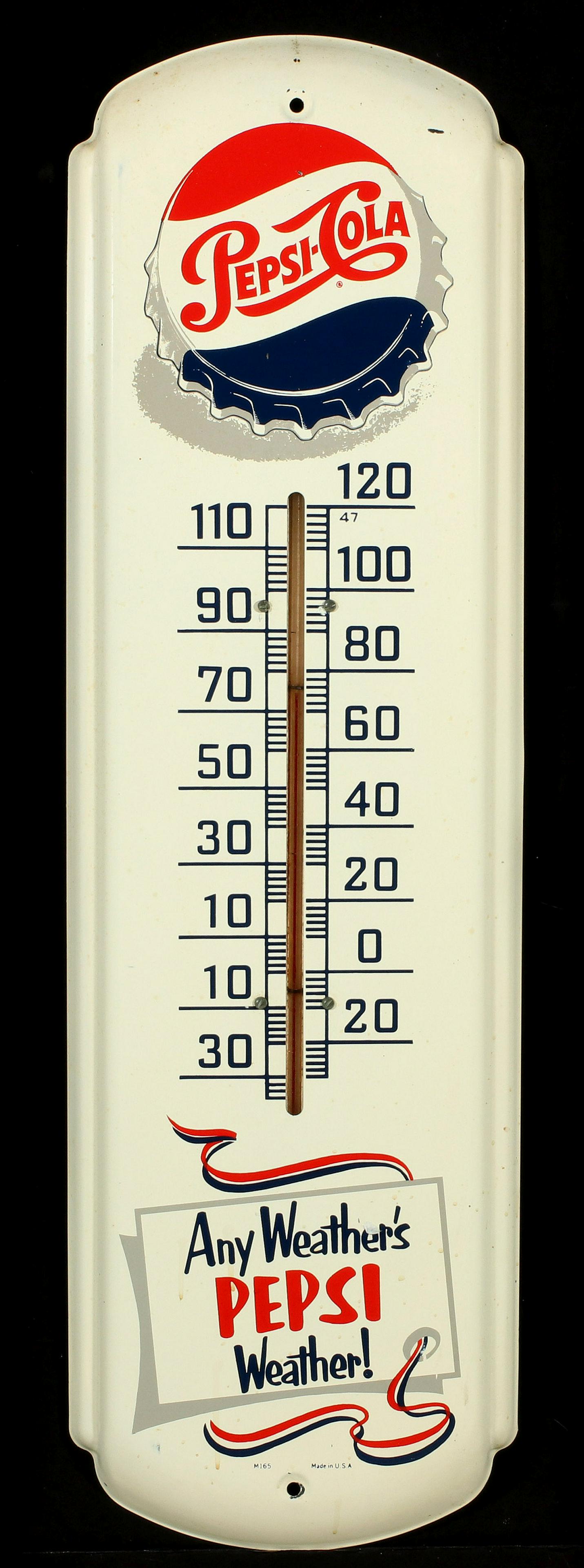 A MID 20TH CENTURY PEPSI ADVERTISING THERMOMETER: 'Any Weather's Pepsi Weather', graphics and logo and lettering in red, white and blue. Measures 8.25 x 27 inches. Provenance: The 45-year collection of Michael and Donna Hayes, West Plains, Missouri.
