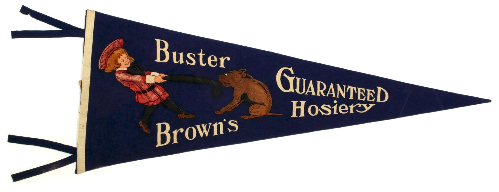 A SHARP PAINTED WOOL PENNANT FOR BUSTER BROWN HOSIERY: The circa 1910 pennant with painted image and lettering, pictures Buster Brown and Tige playing tug-of-war with a Buster Brown Hosiery sock. Pennant size 11.75 x 29.5, frame size is 14 x 37 inches. Pr