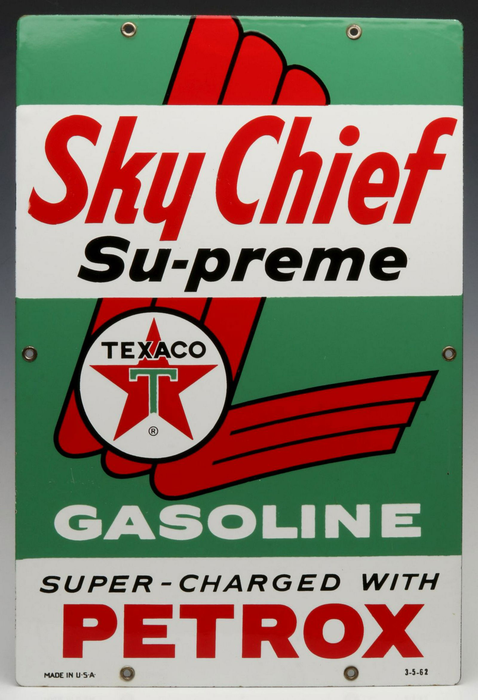 A BRIGHT, CLEAN FOUR-COLOR PORCELAIN ENAMEL PUMP PLATE: The bold colors and graphics of a 1959 gas pump sign for Texaco Sky Chief Gasoline. Measures 18 x 12 inches. Provenance: The 45-year collection of Michael and Donna Hayes, West Plains, Missouri. We ha