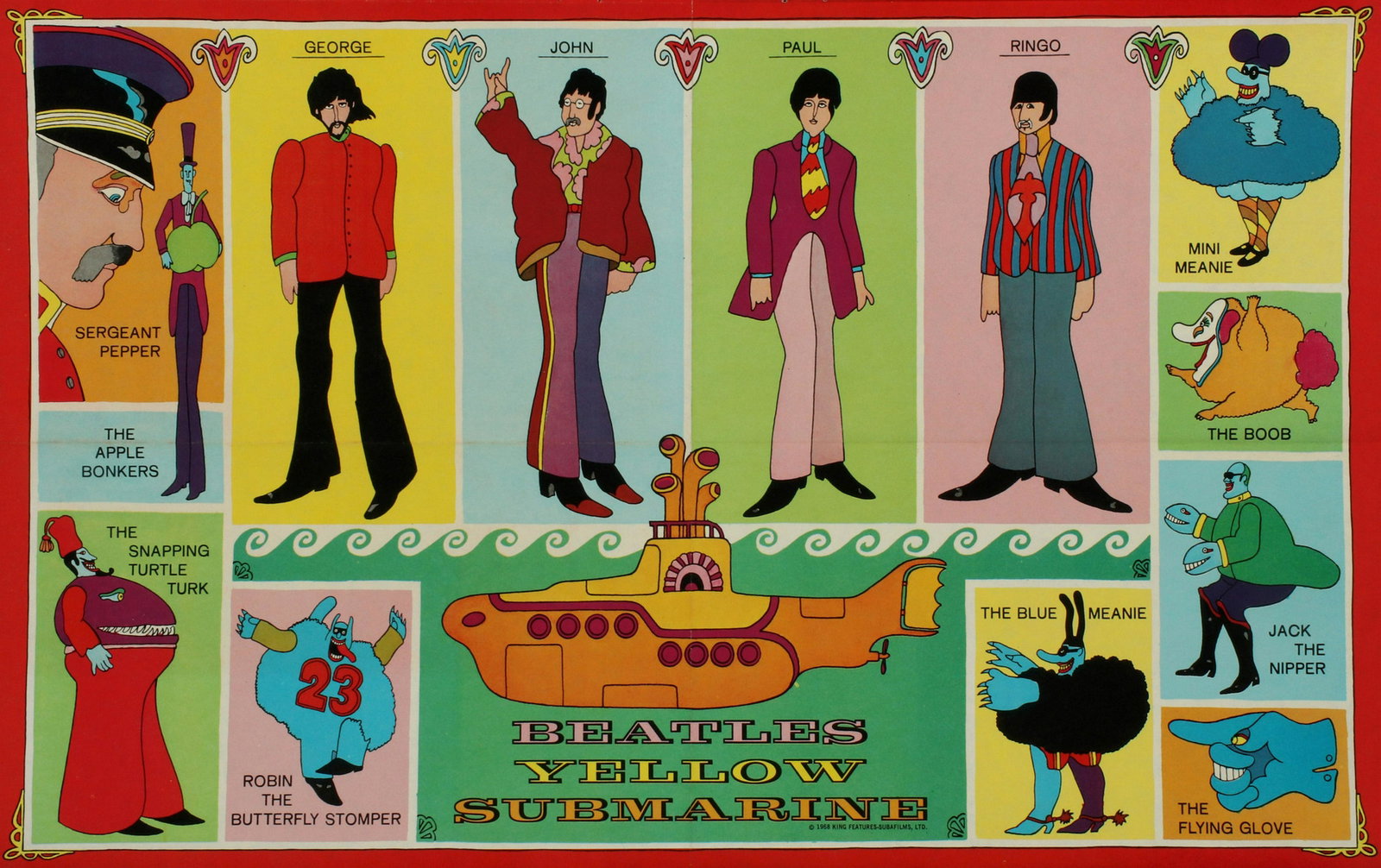 A RARE POSTER FOR THE BEATLES YELLOW SUBMARINE BOOK: A curious, original poster with graphics and characters found in the Yellow Submarine Comic book, and copyrighted by King Features - Suba Films. Measures 12.5 x 20 inches. Provenance: The 45-year coll