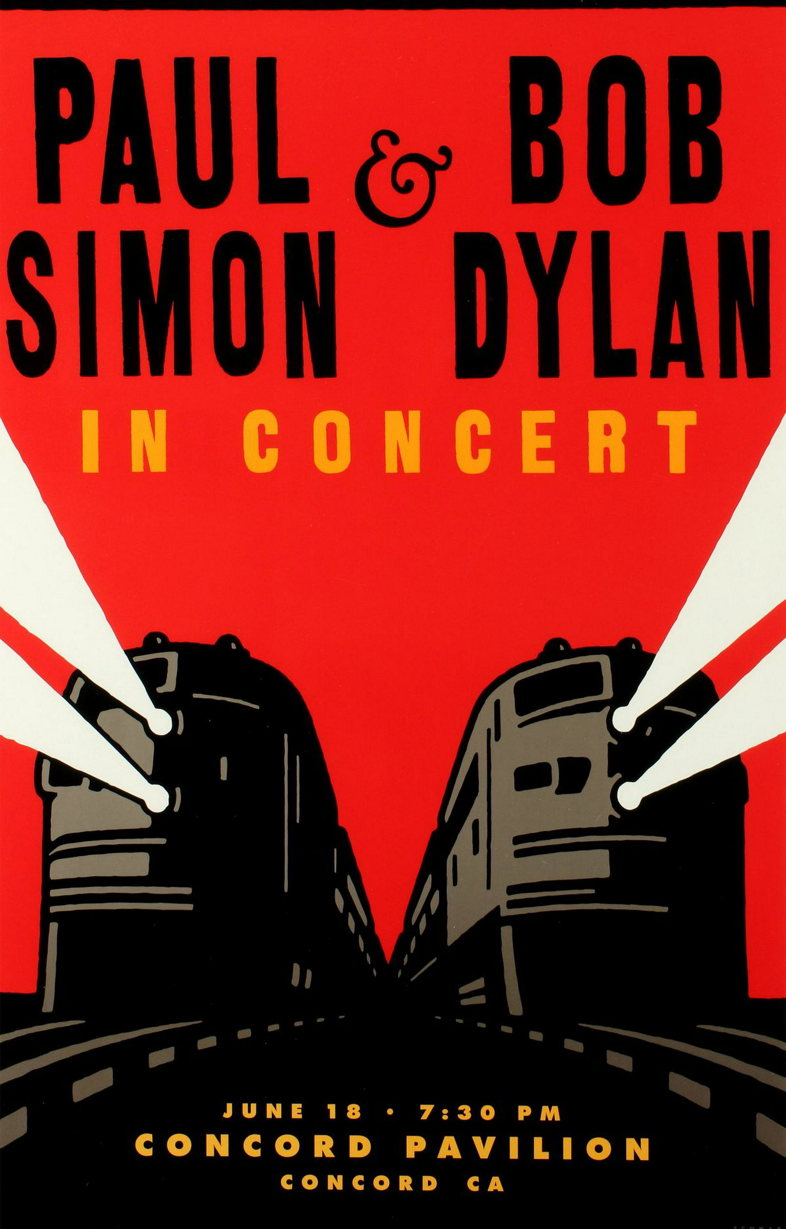 A 1999 PAUL SIMON & BOB DYLAN CONCERT POSTER: A five color serigraph poster, Paul Simon & Bob Dylan, Concord, California June 18th, 1999. Sight size measures 17.75 x 11.75, with a frame size of 22.5 x 16.5 inches. Provenance: The 45-year collecti