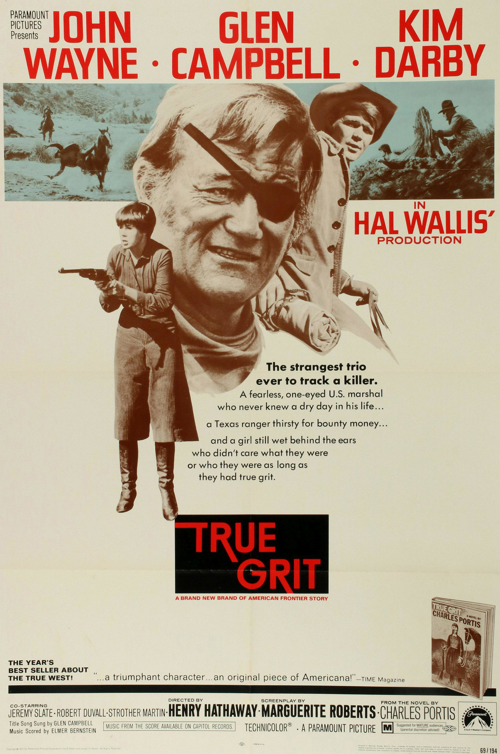 AN ORIGINAL 1969 MOVIE POSTER FOR TRUE GRIT: The one sheet poster for the Paramount film from 1969. Sheet size 41 x 27 inches. Provenance: The 45-year collection of Michael and Donna Hayes, West Plains, Missouri. We happily provide seamless in-h