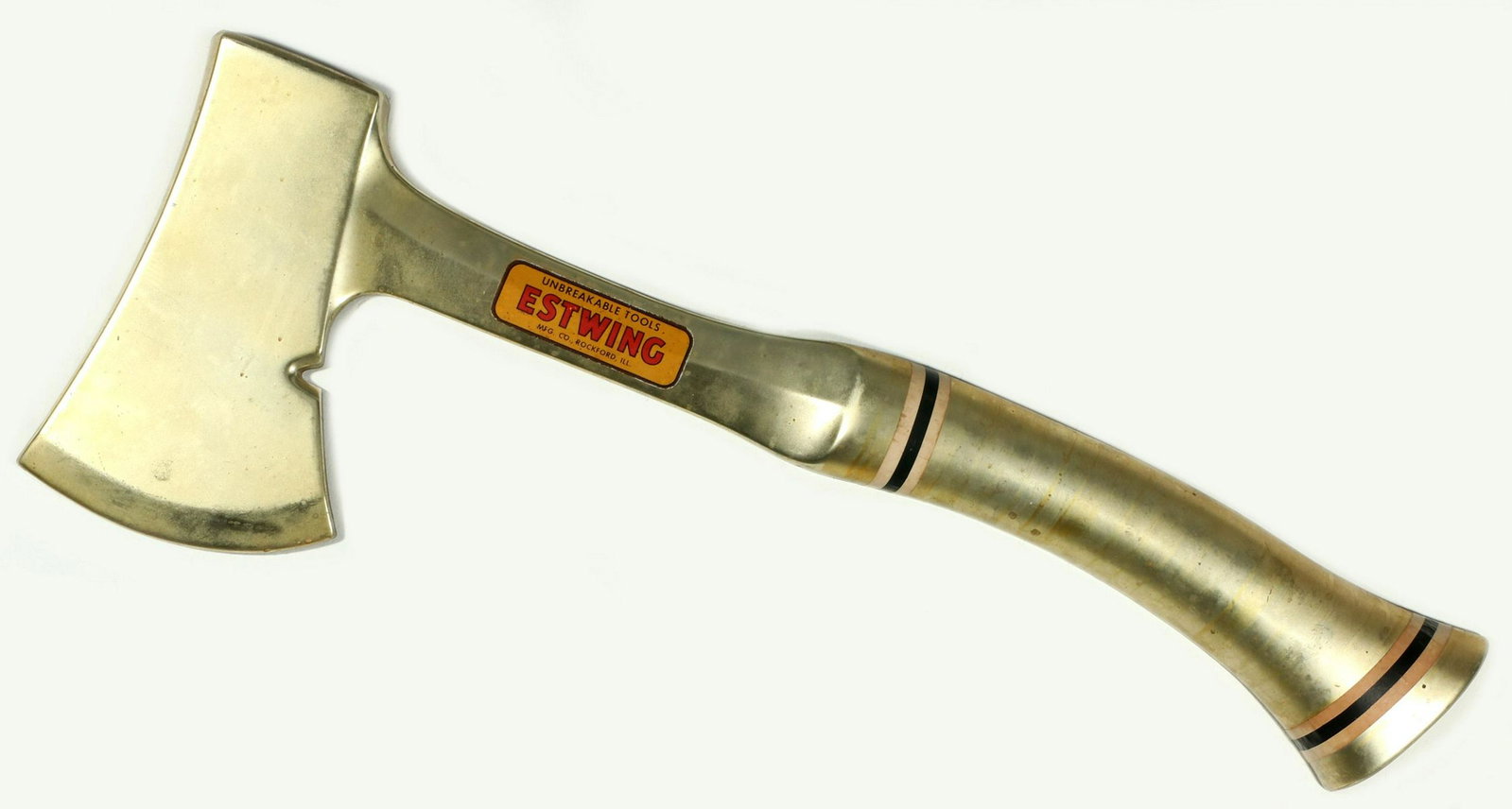 AN OVERSIZED ESTWING TOOLS ADVERTISING STORE DISPLAY: The molded fiberglass model of a roofer's hatchet or axe with ESTWING logo. Measures 37.5 x 13 inches. Provenance: The 45-year collection of Michael and Donna Hayes, West Plains, Missouri. We happily 