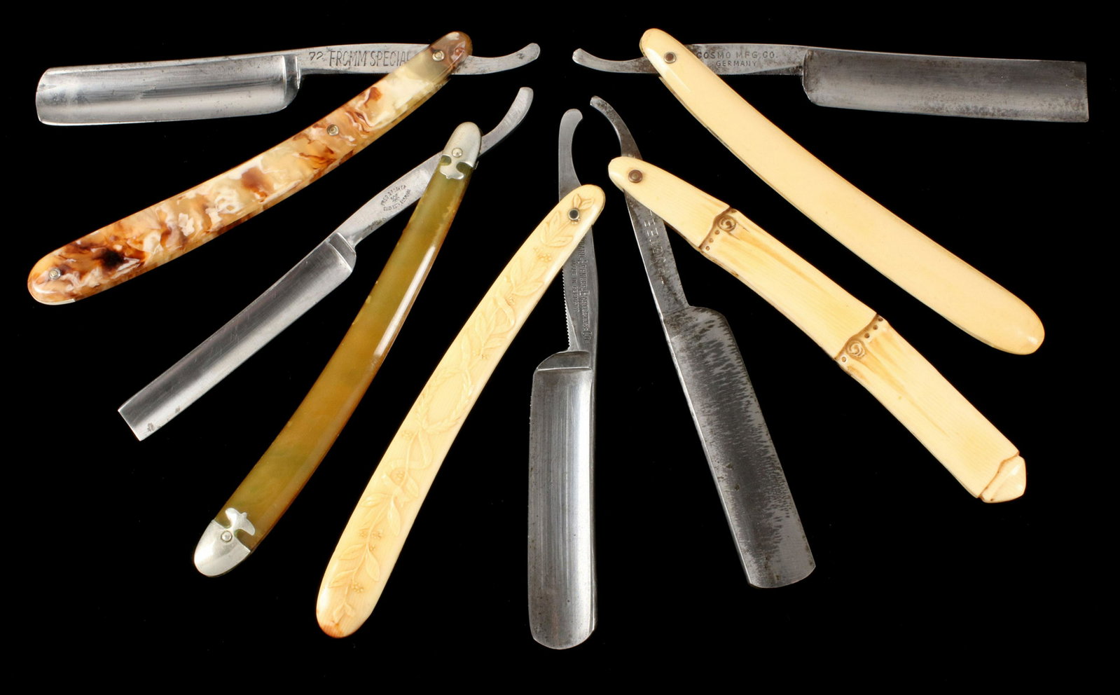 FIVE NICE ANTIQUE STRAIGHT RAZORS: 1. FROMM SPECIAL with marbled celluloid handle; 2. Fred B. Roeker with overlaid caps; 3. Hibbard Spencer Bartlett with embossed laurel; 4. TRUSTEEL with bamboo handle; 5. 'Silver Steel' with tinted em