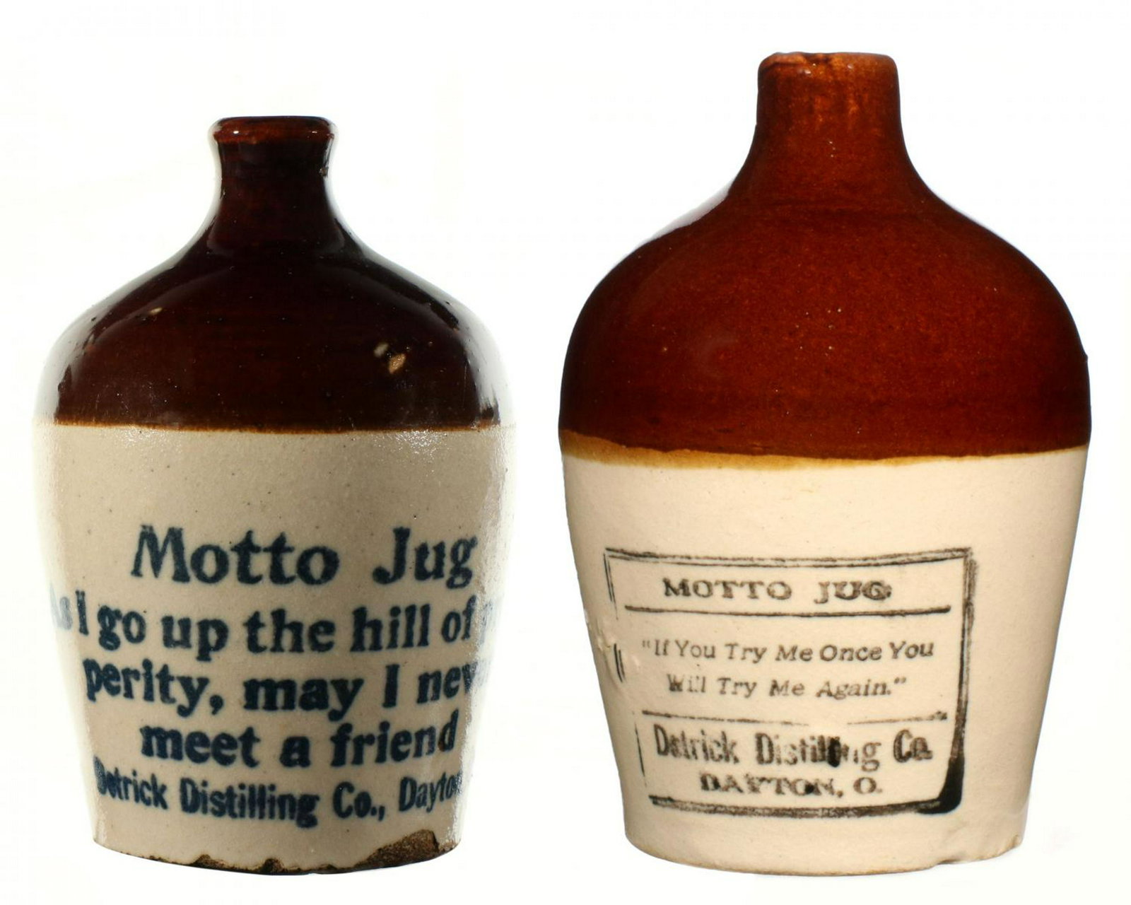 TWO DETRICK DISTILLING ADVERTISING STONEWARE JUGS: Two miniature two-tone stoneware jugs. Measures 4.25 x 3 inches. Provenance: The 45-year collection of Michael and Donna Hayes, West Plains, Missouri. We happily provide seamless in-house packing and 