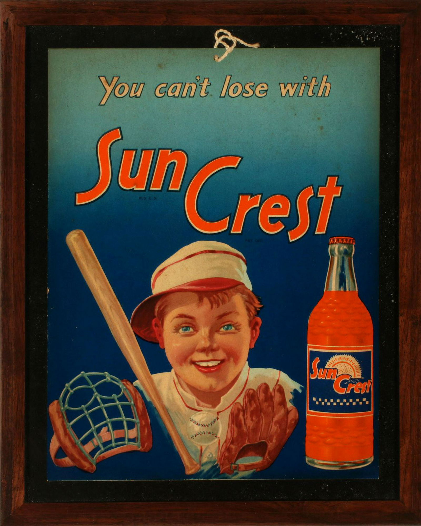 A SCARCE ADVERTISING PLACARD FOR SUN CREST SODA, C 1930: You can't lose with Sun Crest, a great design with red-haired youth, early stale catcher's mask and glove, plus a bottle of the soda. Placard measures 12 x 9, the frame is 15 x 12 inches. Provenance: