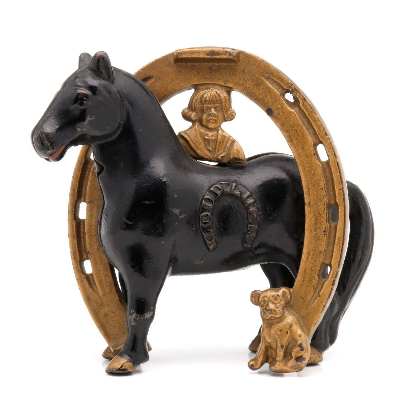 A BUSTER BROWN 'GOOD LUCK' CAST IRON STILL BANK: A nice example with good strong original paint. Measures 4.5 x 4.75 inches. Provenance: The 45-year collection of Michael and Donna Hayes, West Plains, Missouri. We happily provide seamless in-house p
