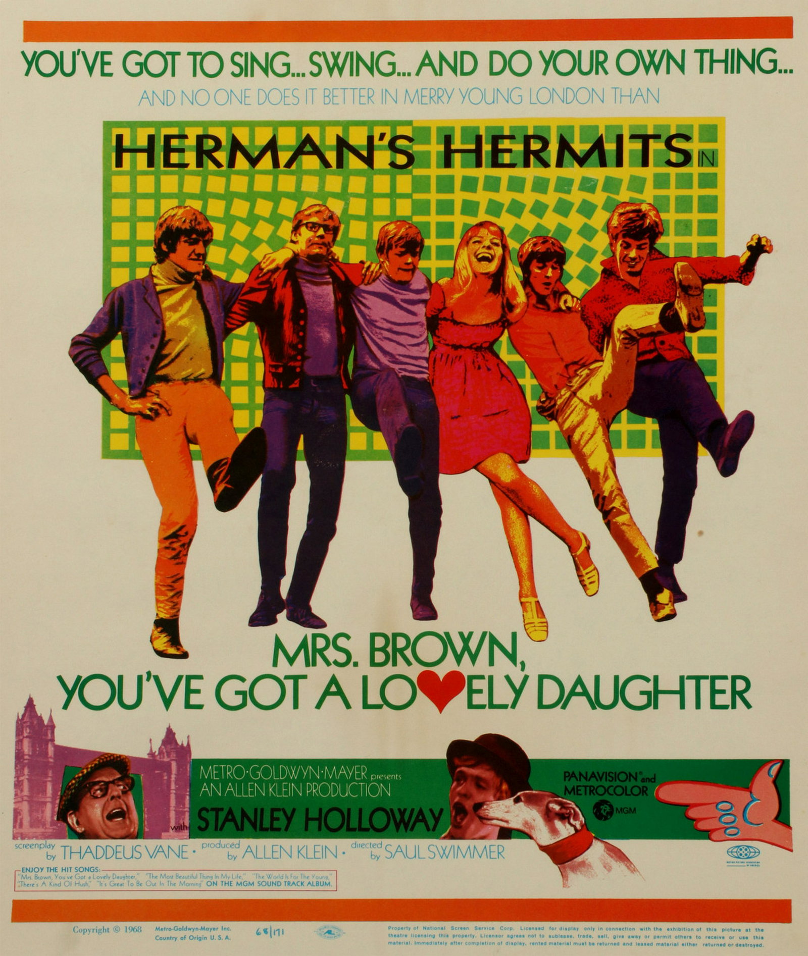A 'MRS. BROWN YOU'VE GOT A LOVELY DAUGHTER' MOVIE POSTR: The original one sheet poster from 1968. Measures 22 x 14 inches. Provenance: The 45-year collection of Michael and Donna Hayes, West Plains, Missouri. We happily provide seamless in-house packing and