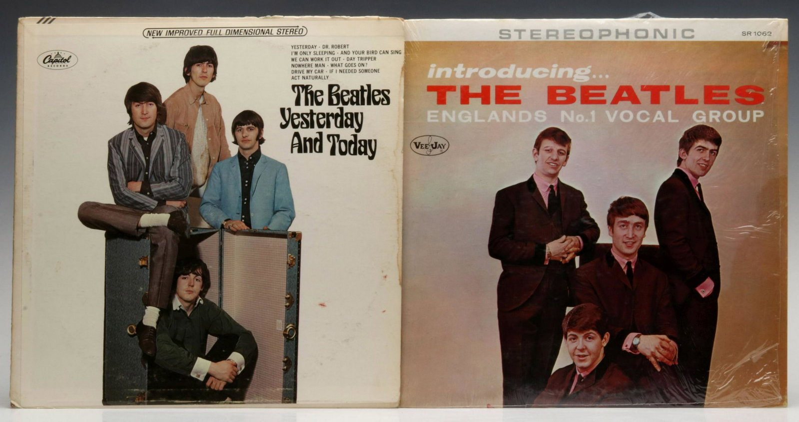 GREEN LABEL BEATLES YESTERDAY & TODAY TRUNK 'BUTCHER': The stereo trunk label LP with green label, plus 'Introducing The Beatles' on VeeJay label. Measures 12 inches. Provenance: The 45-year collection of Michael and Donna Hayes, West Plains, Missouri. We