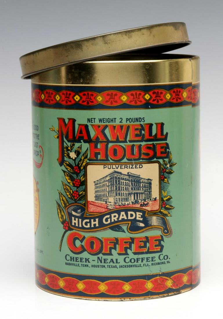 A LATE 20TH CENTURY MAXWELL HOUSE TIN LITHO COFFEE CAN: The commemorative two pound polychrome tin litho coffee can, copyright dated 1979, embossed Cheinco mark on the base. Measures 7.5 x 5.5 inches. Provenance: The 45-year collection of Michael and Donna