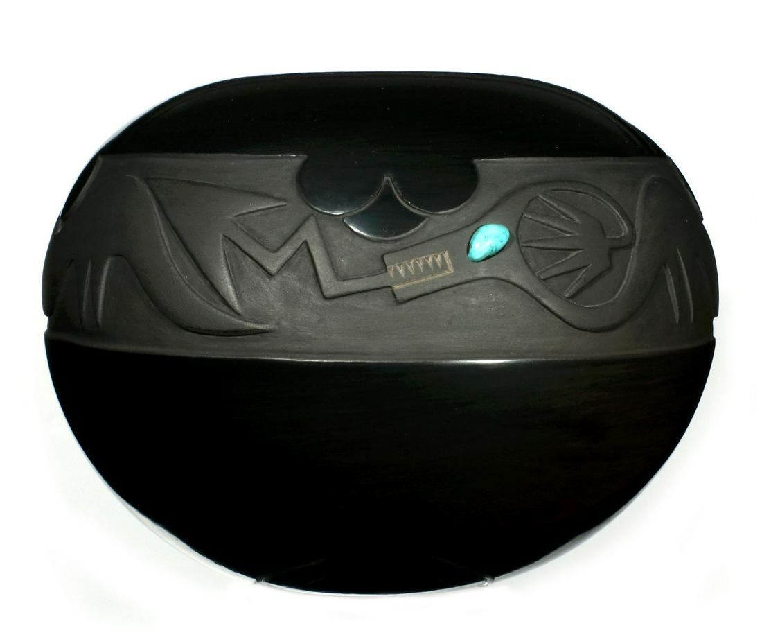 A DORA TSE-PE CARVED SAN ILDEFONSO JAR WITH TURQUOISE (1 of 11)