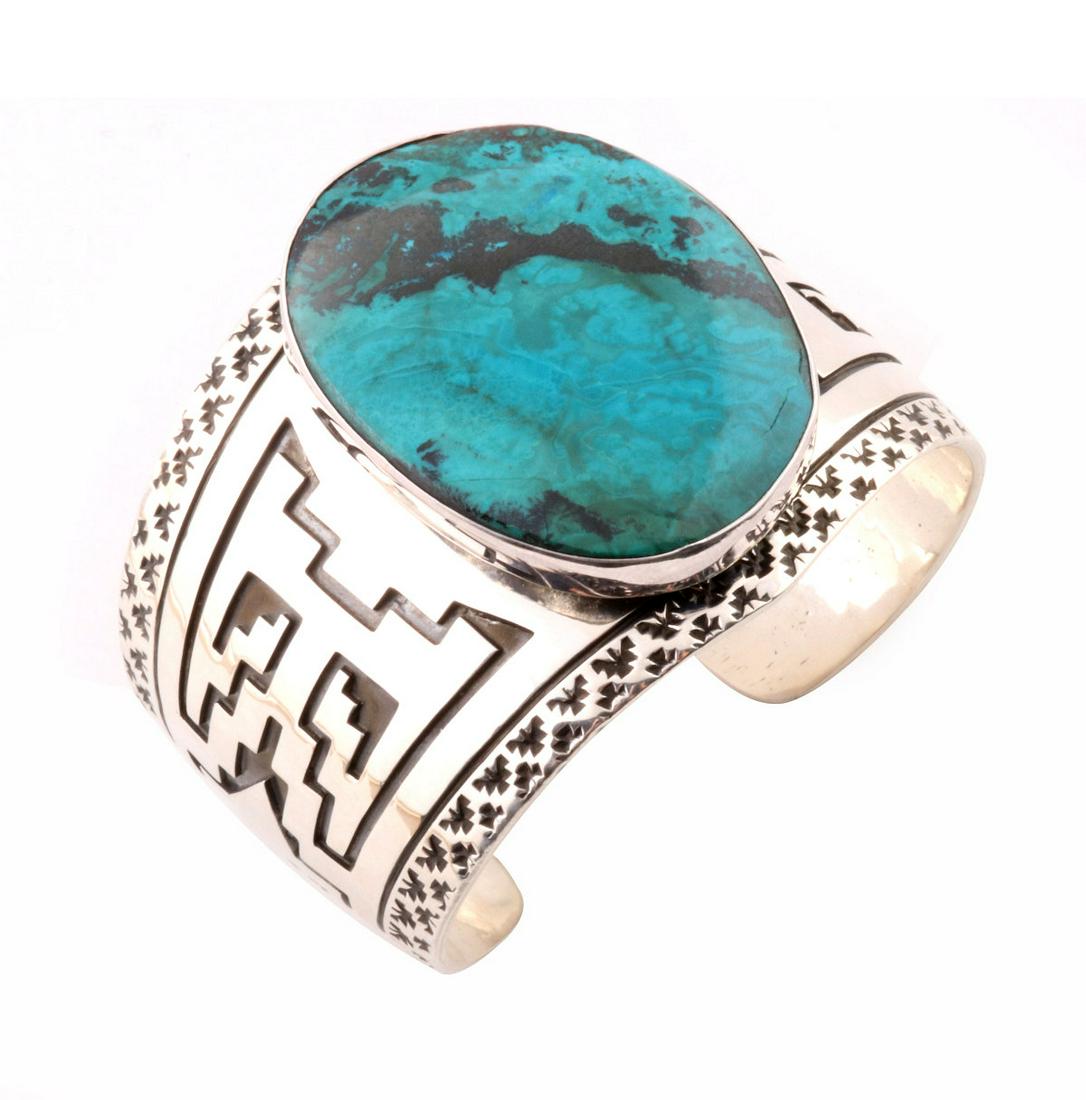 A NAVAJO STERLING & TURQUOISE CUFF SIGNED E & M TELLER (1 of 7)