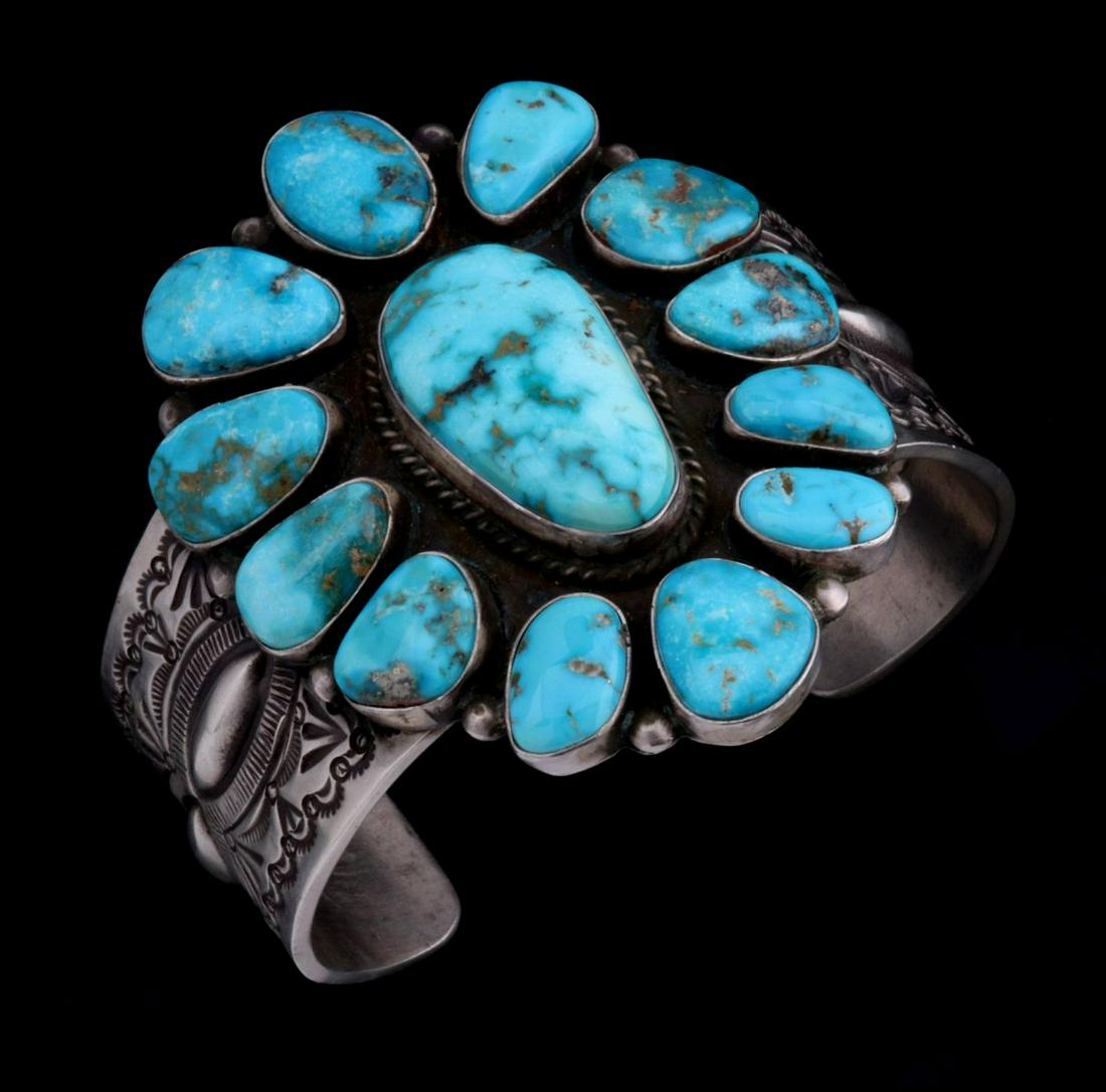 A HERMAN SMITH NAVAJO STERLING AND TURQUOISE CUFF (1 of 10)