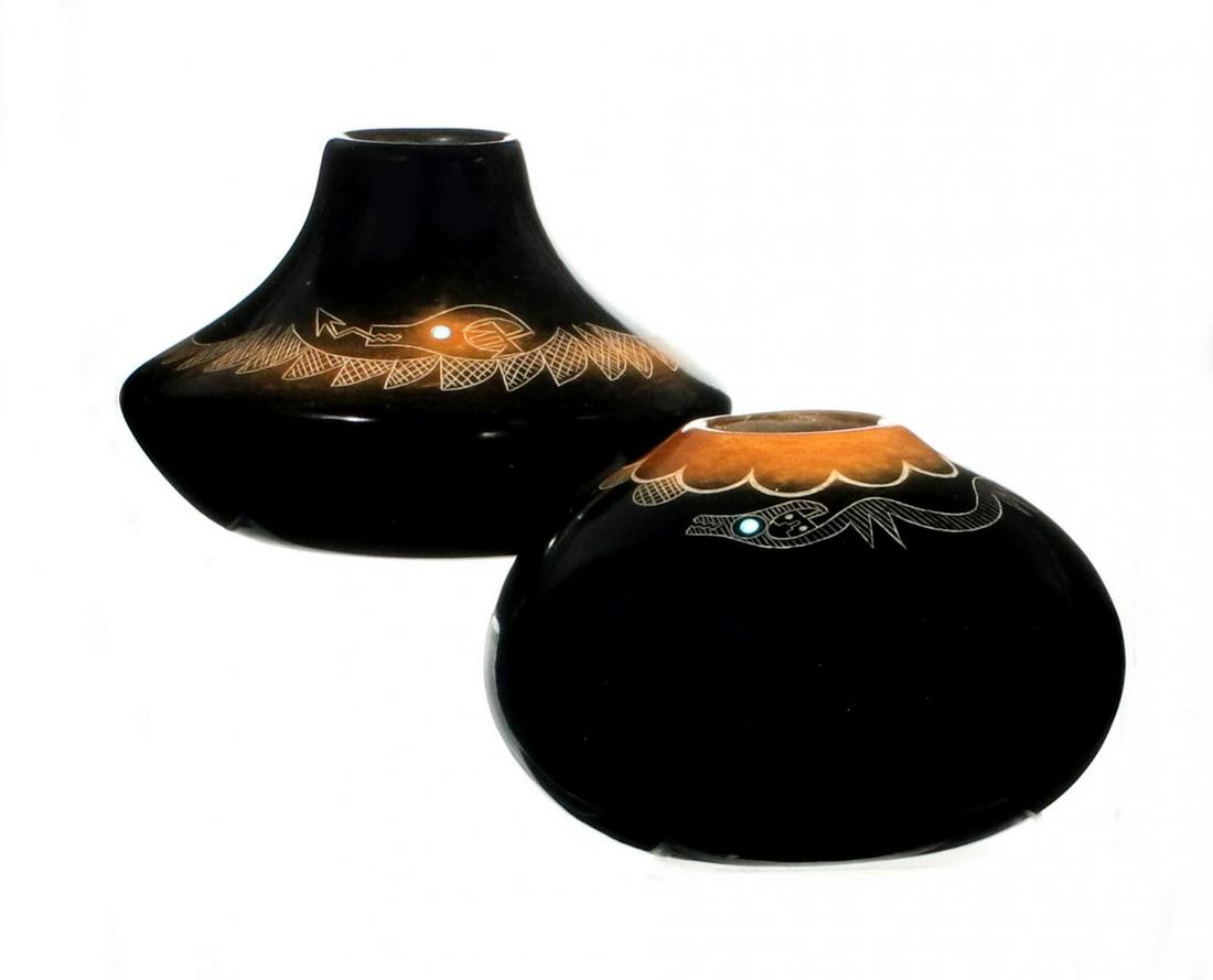 TWO 'STAHN-MOO-WHE' SAN ILDEFONSO BLACKWARE JARS (1 of 15)