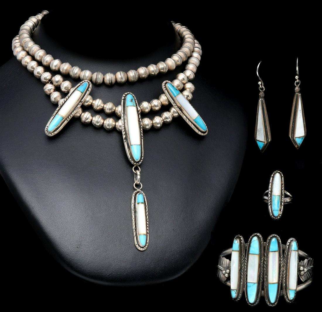 A NATIVE AMERICAN SILVER TURQUOISE, PEARL JEWELRY SUITE (1 of 19)