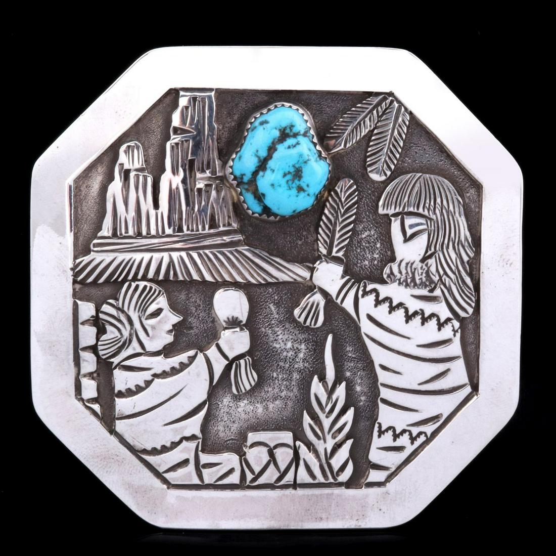 A ROBERT BECENTI JR. CARVED NAVAJO STERLING BELT BUCKLE (1 of 8)