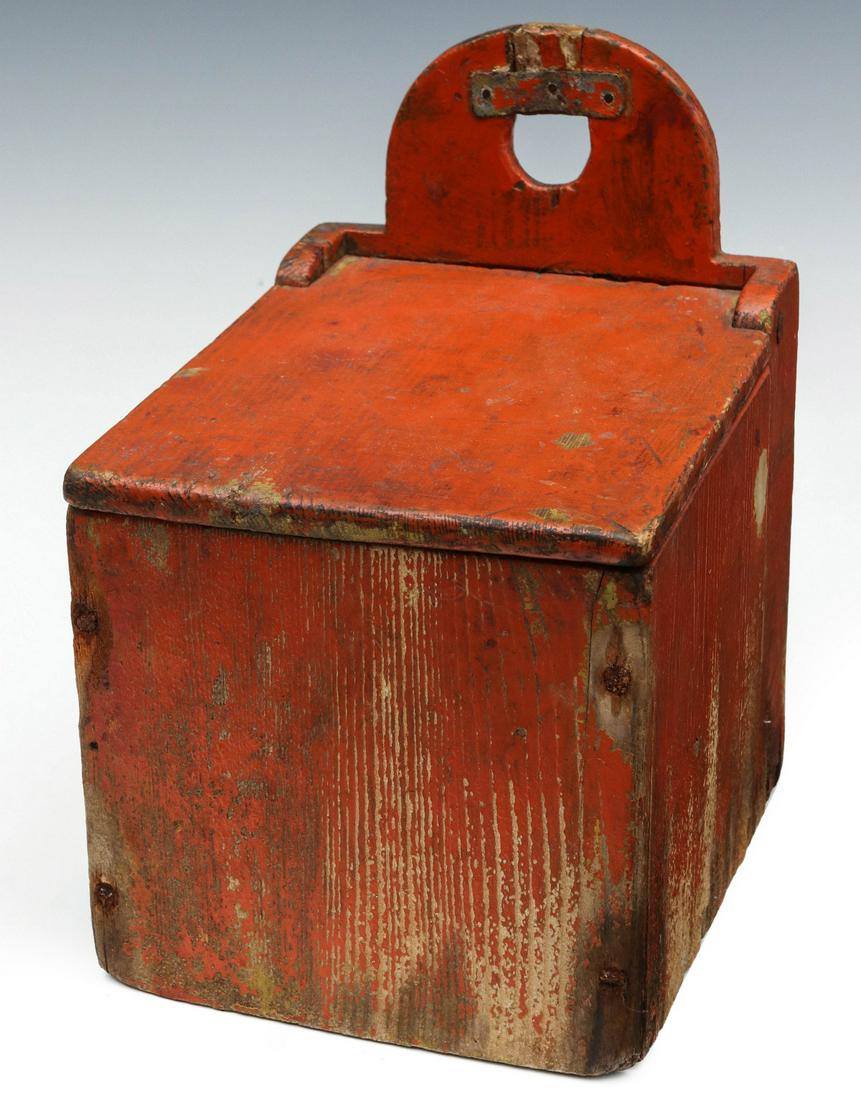 A GOOD EARLY AMERICAN WALL HANGING SALT BOX IN ORANGE: The early to mid 19th century wood salt box in orange paint. Measures 10 x 8 x 6.5 inches. We happily provide seamless in-house packing and shipping services on nearly everything we sell.