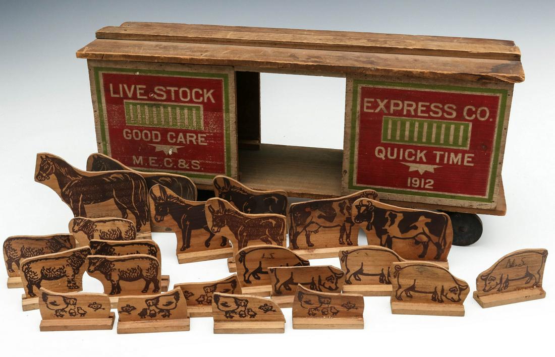 CIRCA 1912 CONVERSE TOYS WOOD RAIL CAR WITH 24 ANIMALS: The wood rail car with extensive lettering, red and green graphics, wood silhouette animals. Measures 9.25 x 20 x 6.25 inches. We happily provide seamless in-house packing and shipping services on nea