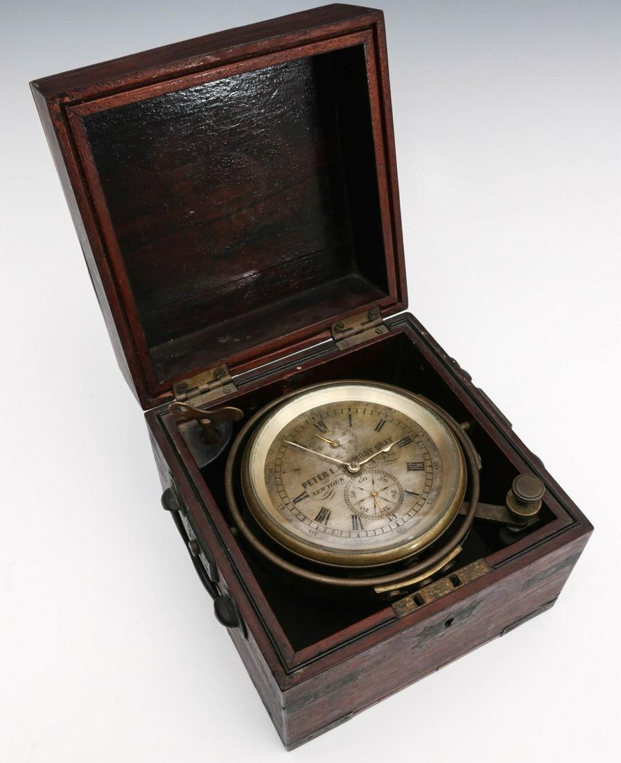 A PETER L. DE MORY GRAY NO 535 FUSEE DRIVE CHRONOMETER: The brass bound rosewood veneer case with line inlay, banded veneer and marquetry decoration in the hinged cover, nice dark patinated brass handles; the brass gimbal mounted movement in brass casing, 