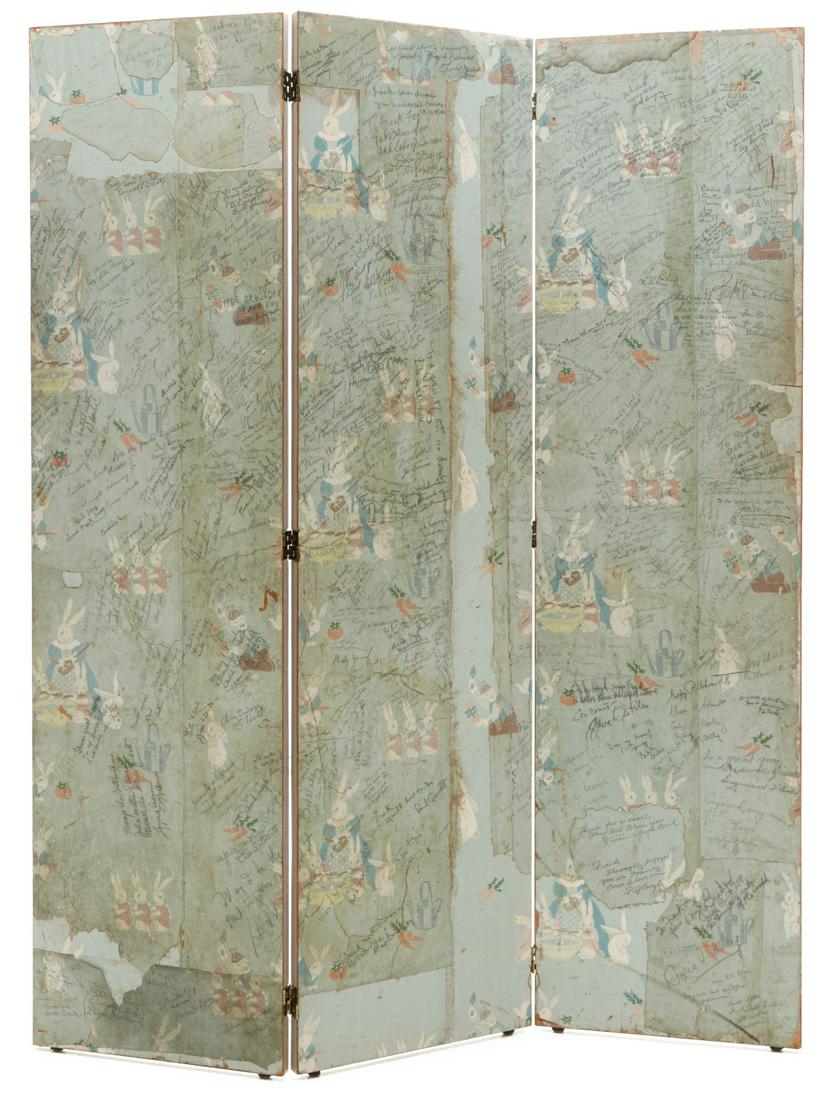 HOLLYWOOD AUTOGRAPHS FROM FRANK FAY: Frank Fay (1891-1961) was a film and stage actor and an early pioneer in stand-up comedy. This screen displays the wallpaper taken from his dressing room for the Broadway play 'Harvey' in which he pla