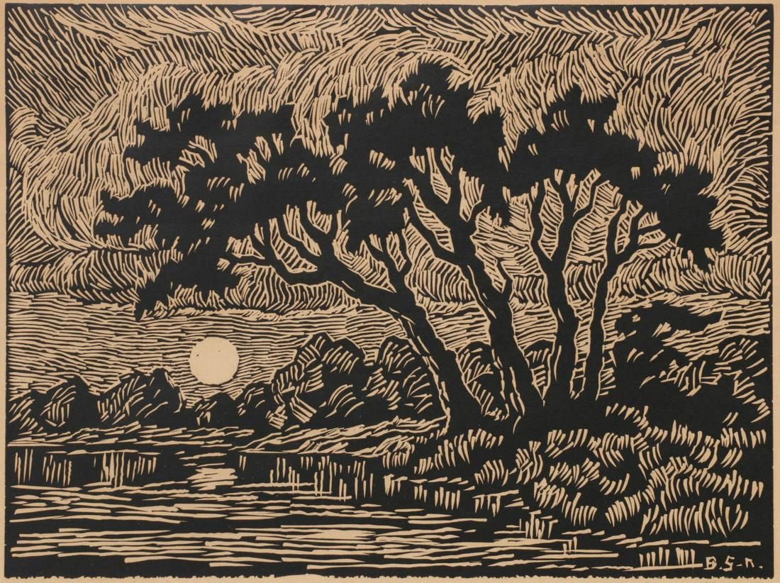 BIRGER SANDZEN (1871-1954) PENCIL SIGNED BLOCK PRINT: Birger Sandzen (1871-1954) Smoky River at Twilight The desirable image with moonrise and twilight willows, titled lower right, pencil signed by the artist lower left, initialed in the image lower righ