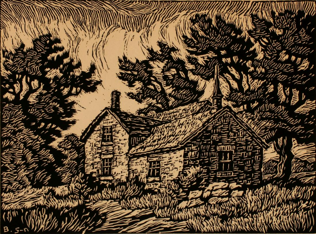BIRGER SANDZEN (1871-1954) PENCIL SIGNED BLOCK PRINT: Birger Sandzen Blue Valley Farm 1929 Signed by the artist in pencil lower right an titled lower left. Image measures 9 x 12 with a frame of 17.75 x 21.75 inches. We happily provide seamless in-house p