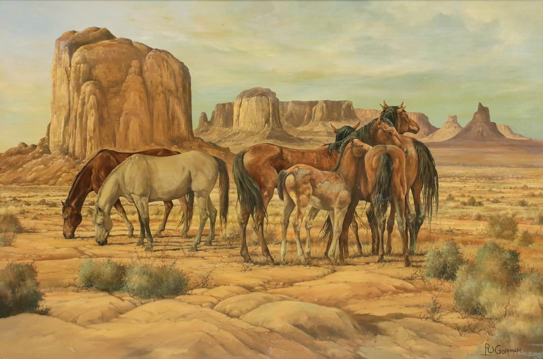 PATRICK WAYNE GORMAN (1929-2017) OIL ON ARTIST'S BOARD: Patrick Gorman Late 20th Century. The southwest landscape with wild horses signed lower right. Patrick Gorman was born in Kansas City, Missouri in 1929 and studied at the Kansas City Art Institute bef