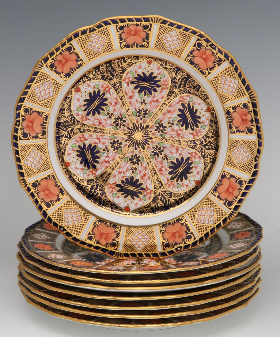 EIGHT ROYAL CROWN DERBY 'OLD IMARI' DINNER PLATES: Eight plates signed with red backstamp. Measures 8.75 inches in diameter. We happily provide seamless in-house packing and shipping services on nearly everything we sell.