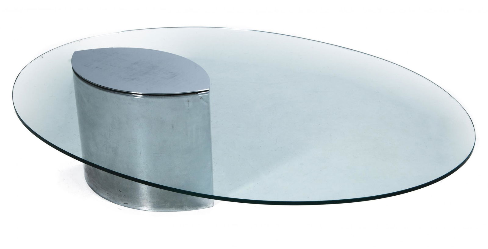 CINI BOERI LUNARIO TABLE FOR KNOLL INTERNATIONAL: Cini Boeri (Italian, Born 1924) Lunario coffee table designed by Cini Boeri (Italian, born 1924) for Knoll, the heavy chromed steel stand mounted to thick oval plate etched S.T. GLASSFER.A circular Lu