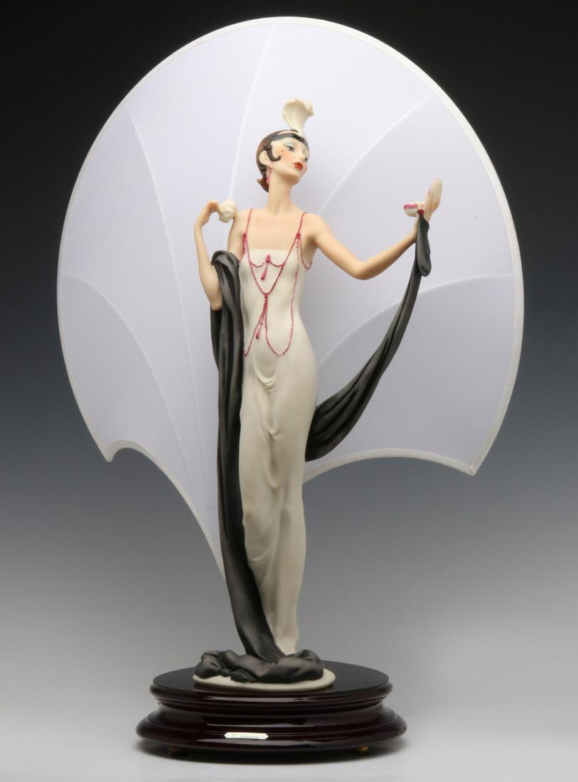 GIUSEPPE ARMANI 'MY FAIR LADY' LIGHTED SCULPTURE W/BOX: The hand-painted sculpture from Armani's My Fair Lady series on wooden base with fanned silk screen before a back light, signed on the sculpture base, dated 1987, original box and brochures. Measures